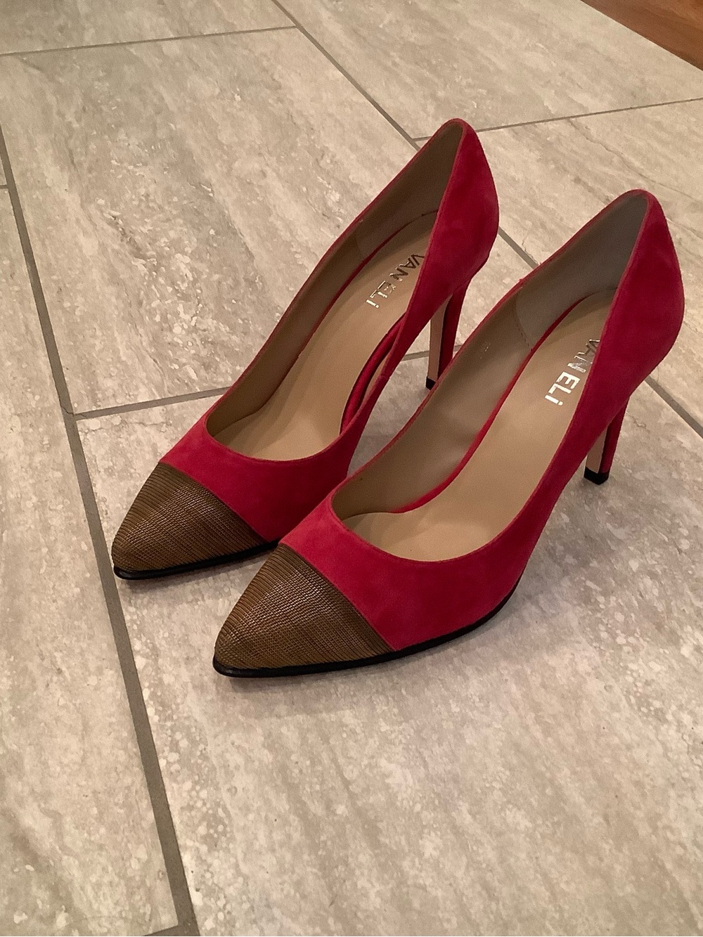 Vaneli Red Suede Pointed Toe Pumps with Gold/Brown Cap